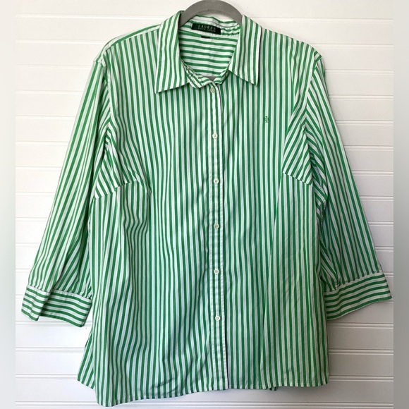 Lauren Ralph Lauren Green & White Striped 3/4 Sleeve Button Down Shirt size 2X - Picture 1 of 8